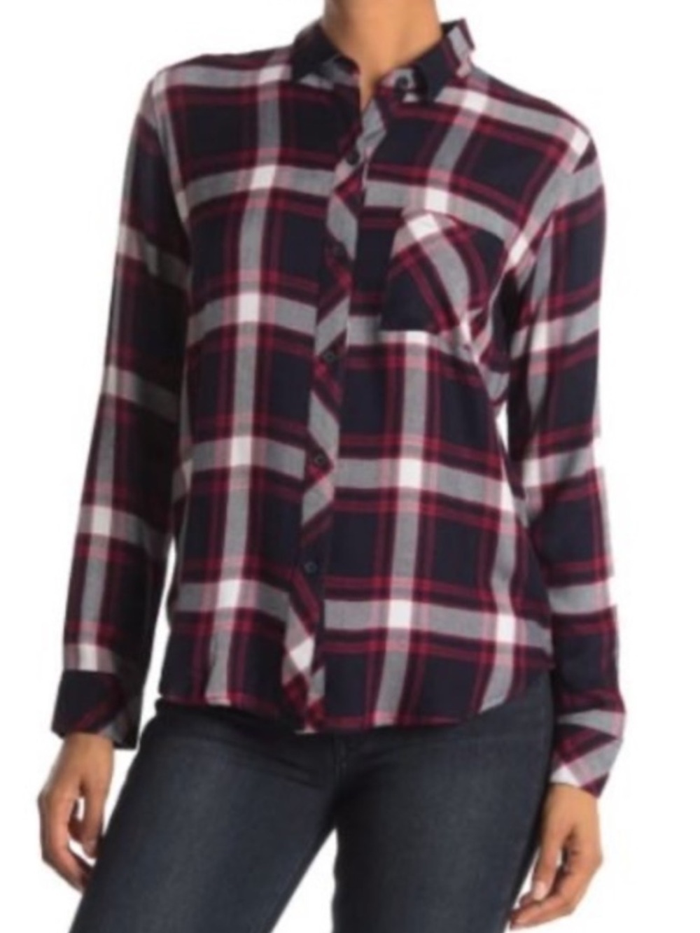 Rails Hunter Marine Cherry Red Navy Plaid Button-Up Rayon Flannel Shirt Sz S